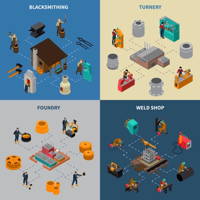 Metalworking 4 isometric icons square composition with blacksmith shop foundry and turner facilities service isolated vector illustration