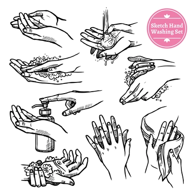 Sketch healthcare black and white set of hands washing and drying process isolated vector illustration