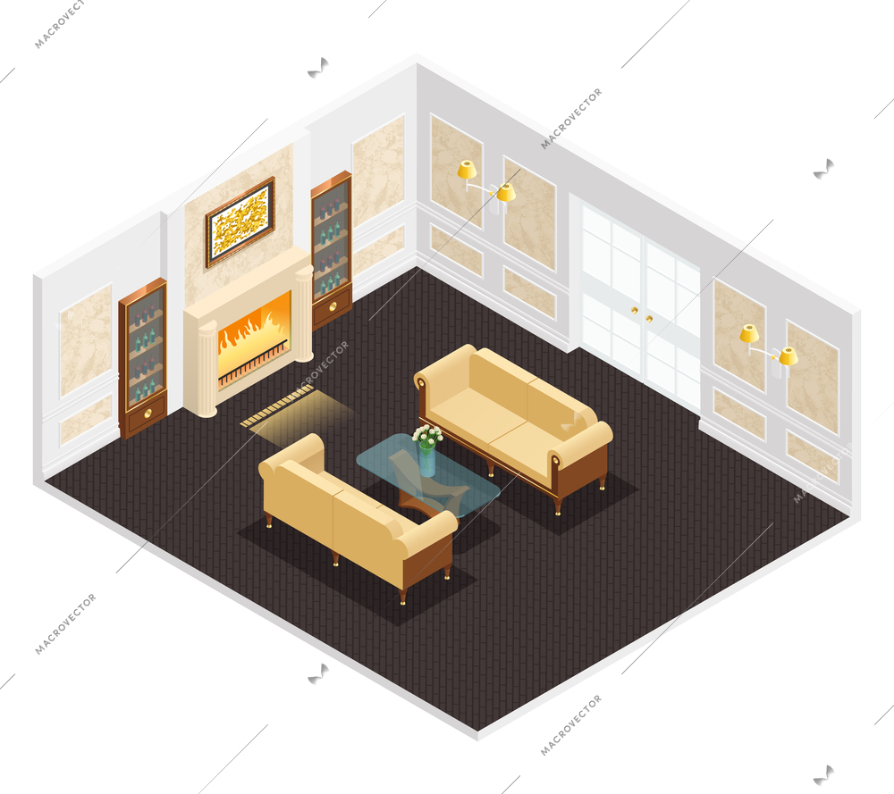 Isometric luxury interior for living room with fireplace sofas table and bookcases vector illustration