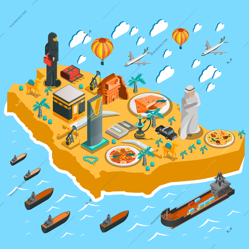 Saudi Arabia isometric map template with colorful icons and elements in flat style isolated vector illustration