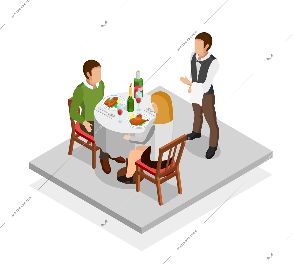 Restaurant meal isometric concept with man woman and waiter vector illustration