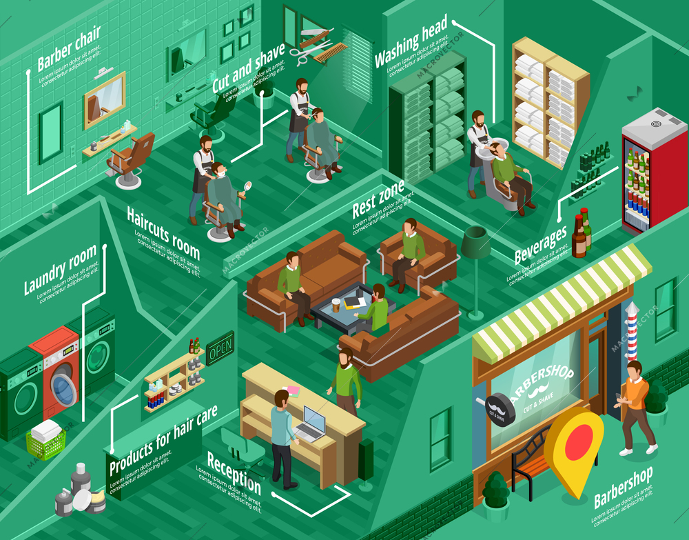 Barbershop infographic set with reception and rest zone symbols isometric vector illustration