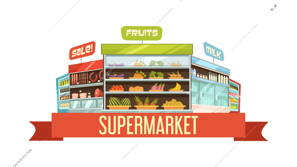 Supermarket display stand retro composition poster with dairy products and fruits shelves racks cartoon vector illustration