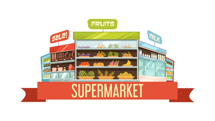 Supermarket display stand retro composition poster with dairy products and fruits shelves racks cartoon vector illustration