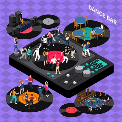 DJ club bar retro style vinyl discs dance floor isometric composition poster with rhythmic moving people vector illustration