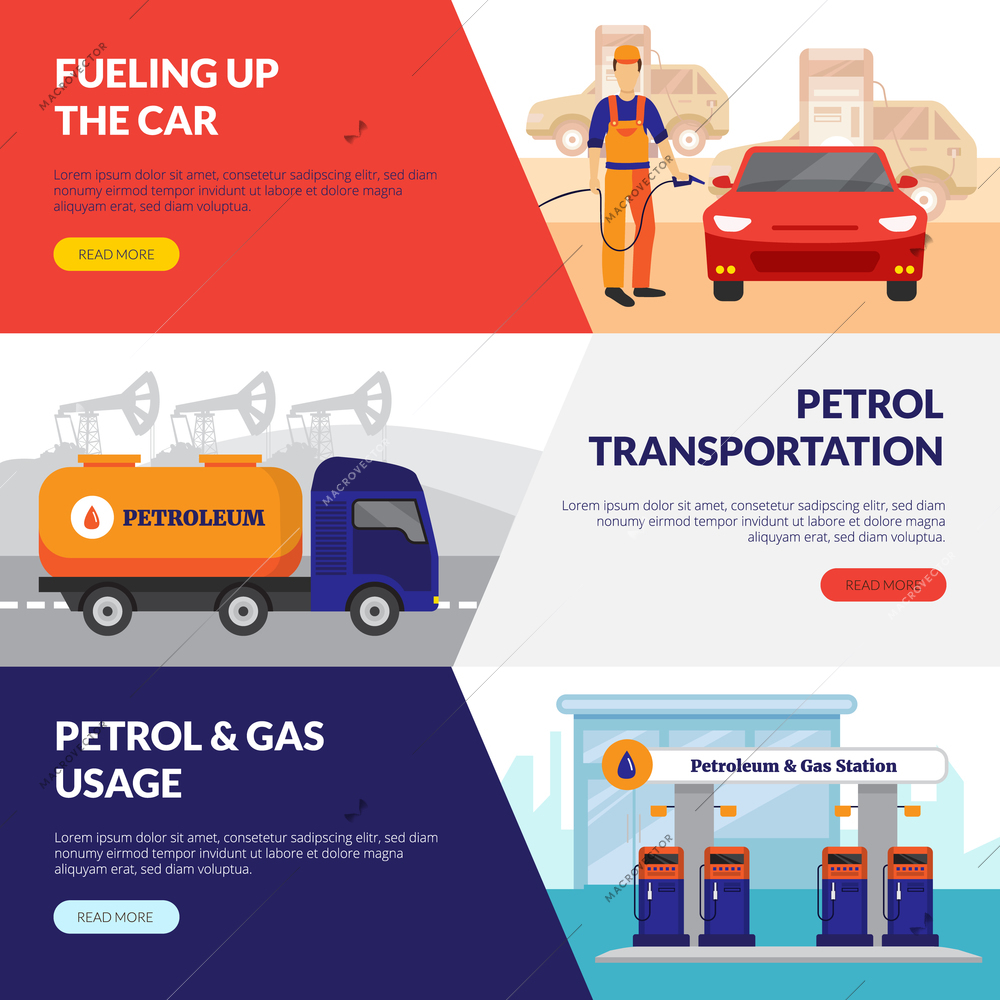 Petrol station horizontal banners set with gas usage symbols flat isolated vector illustration