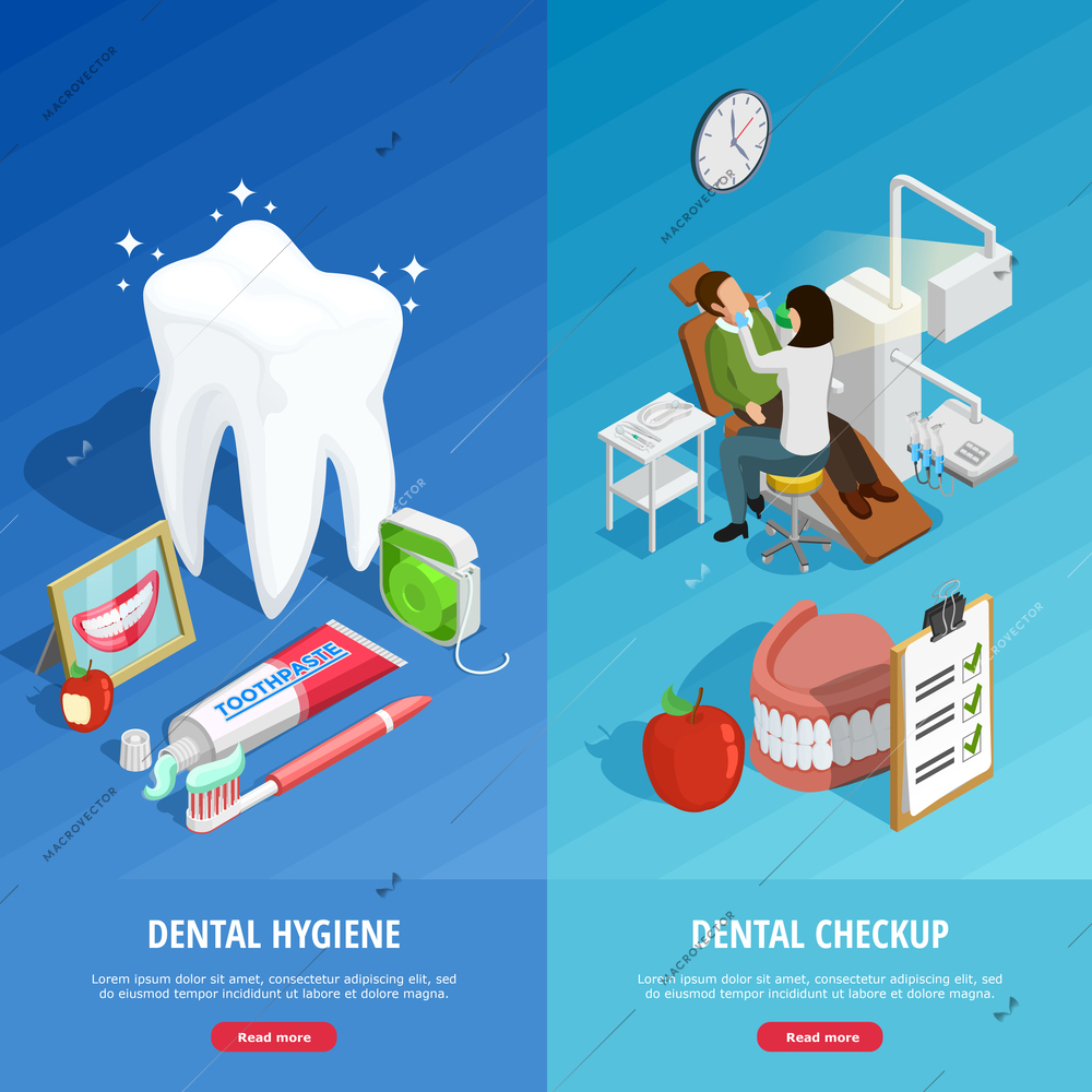 Dentistry isometric vertical banners with medical procedures of teeth protection and inspection isolated vector illustration