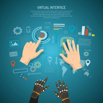 Virtual interface design concept with man hands and wired gloves transmitting tactile sensation flat vector illustration