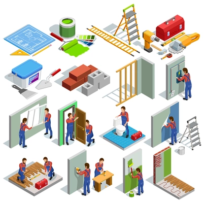 Home repair isometric icons set of different renovation procedures workers and tools isolated vector illustration