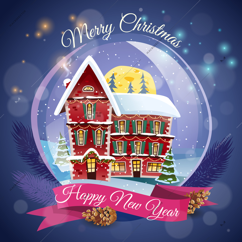 Christmas greeting card with magic house at night lights background and happy new year wishing flat vector illustration