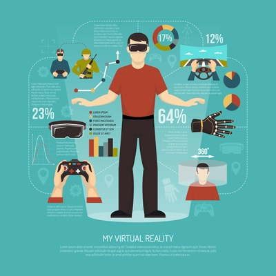 Virtual reality vector illustration with gamer wearing augmented reality glasses joystick wired gloves and other gadgets for games