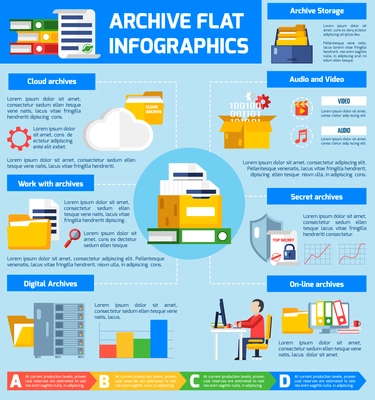 Archive infographic set with audio and video archives symbols flat vector illustration