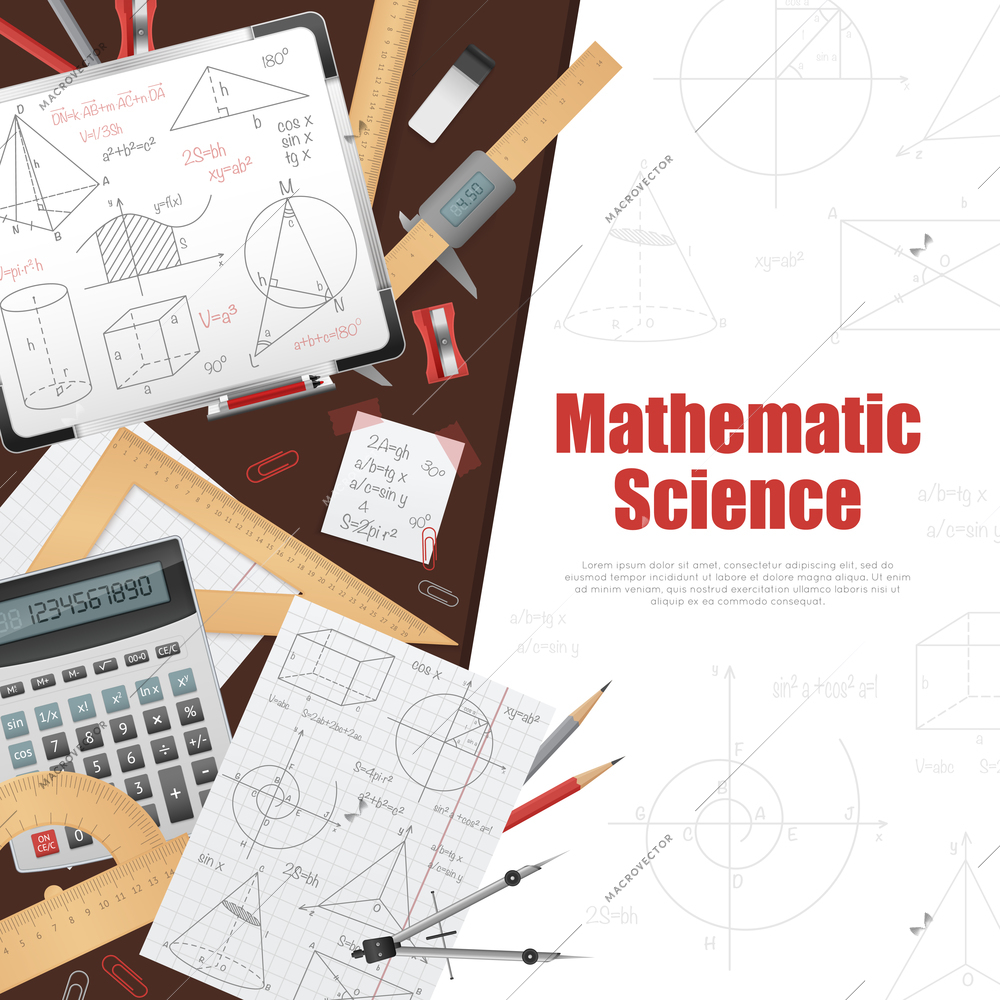 Mathematic science poster with huge title on white background right side stationery and solutions on left side vector illustration