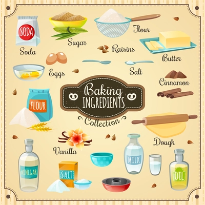 Cooking icons various baking ingredients for delicious pastry and necessary utensils flat isolated vector illustration