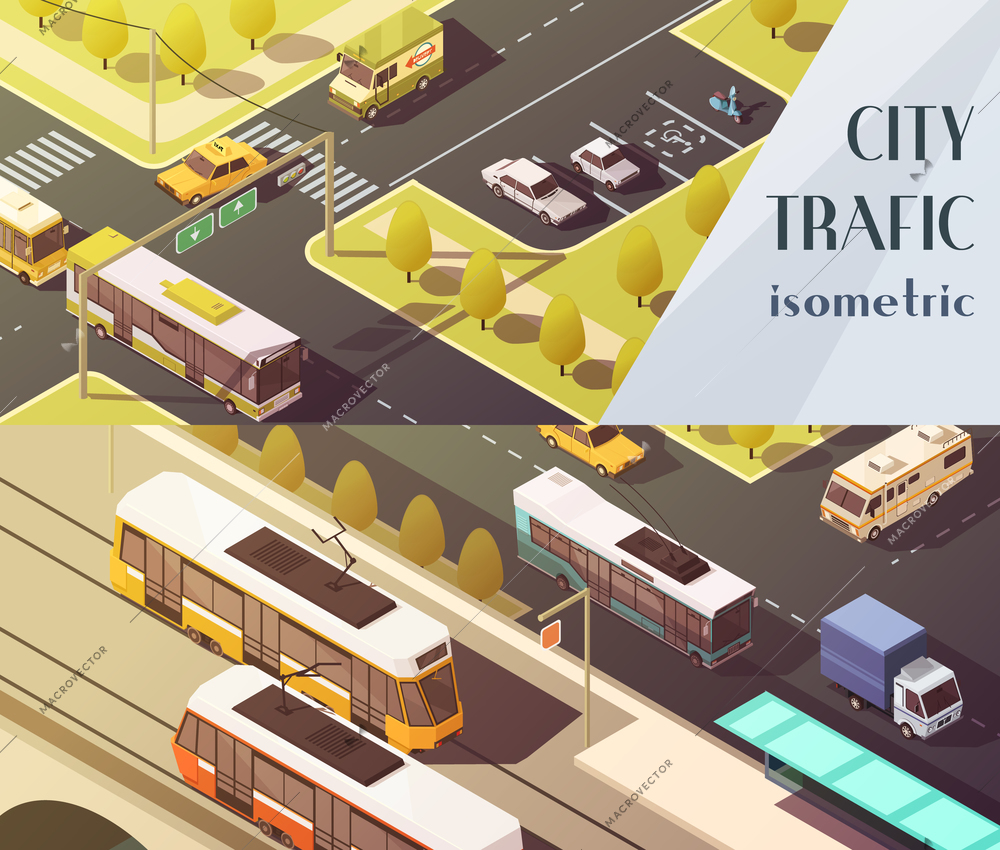 Transport horizontal banners set with city traffic symbols isometric isolated vector illustration