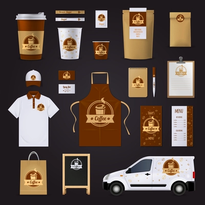 Coffee corporate identity design for cafe with uniform car menu glasses in brown and white colors isolated on black background flat vector illustration