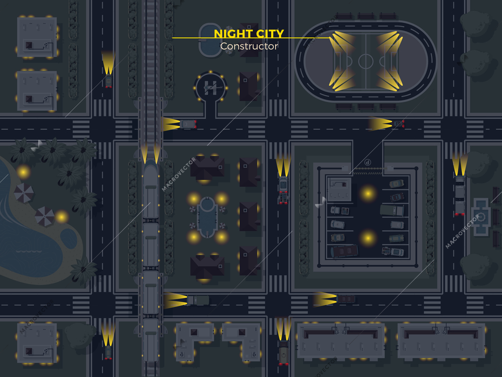 Top view poster of night city with usual elements like roads buildings parking and other flat vector illustration