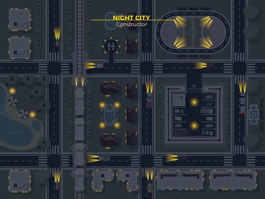 Top view poster of night city with usual elements like roads buildings parking and other flat vector illustration