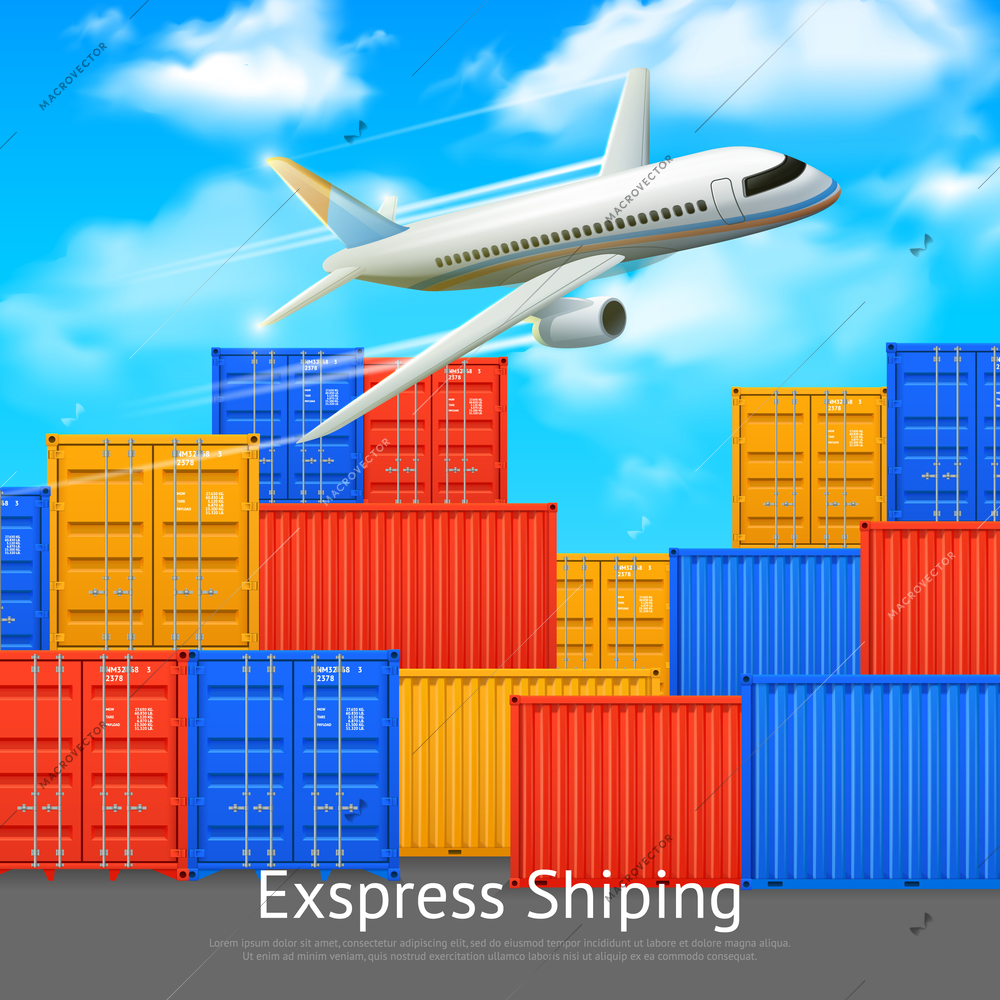 Express shipping poster with different colors cargo containers in open storage and airplane vector illustration