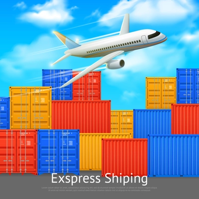 Express shipping poster with different colors cargo containers in open storage and airplane vector illustration