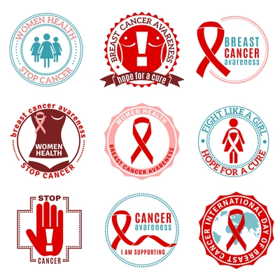 Colorful stop breast cancer emblems and logos set isolated on white background vector illustration
