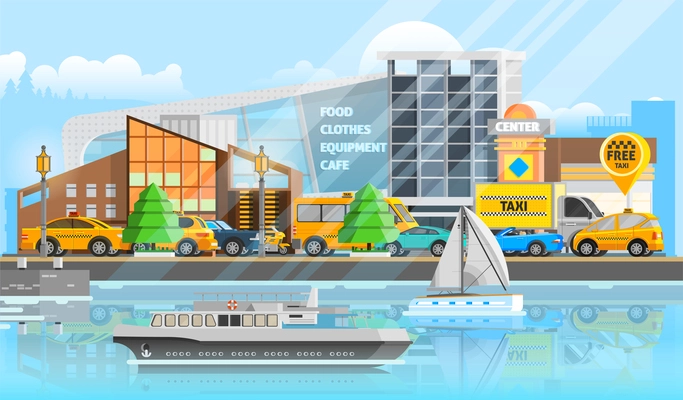 Taxi vehicles template with traffic of cars automobiles ship yacht and bus in flat style vector illustration