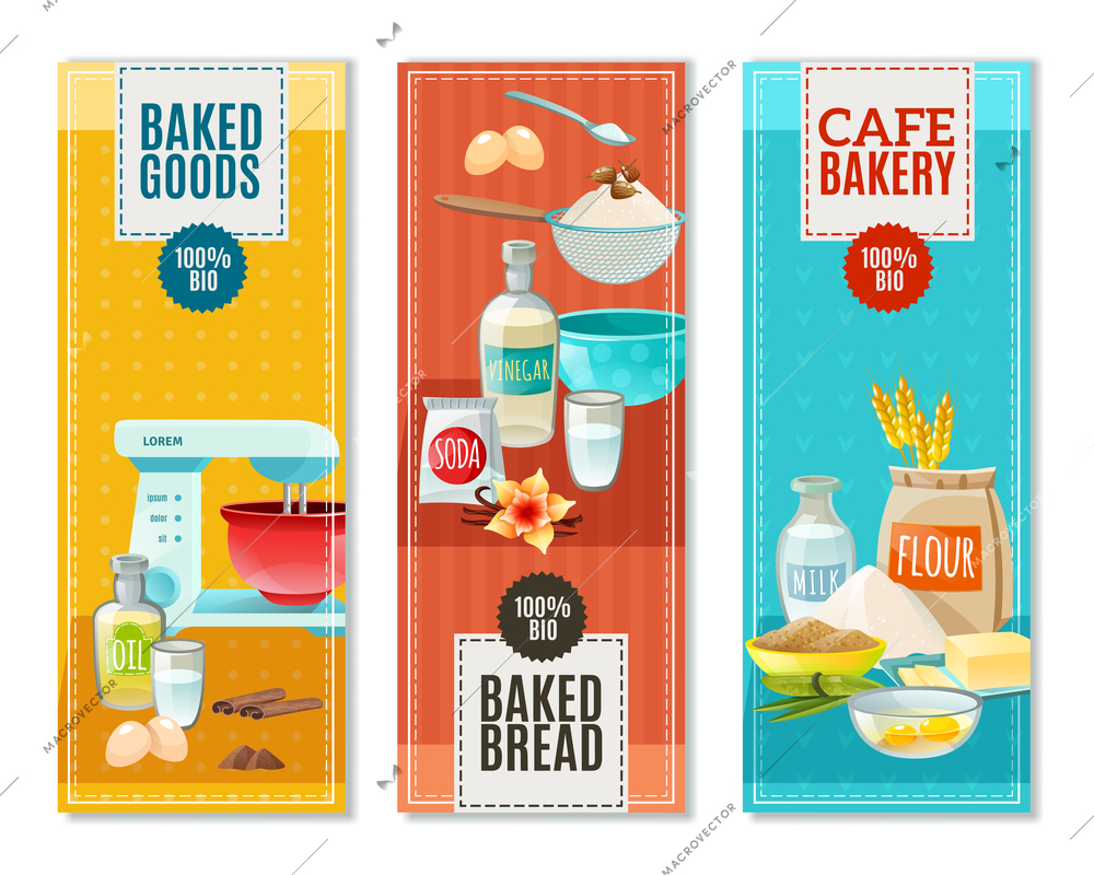 Colorful flat vertical banners set for cafe bakery with baking ingredients isolated vector illustration