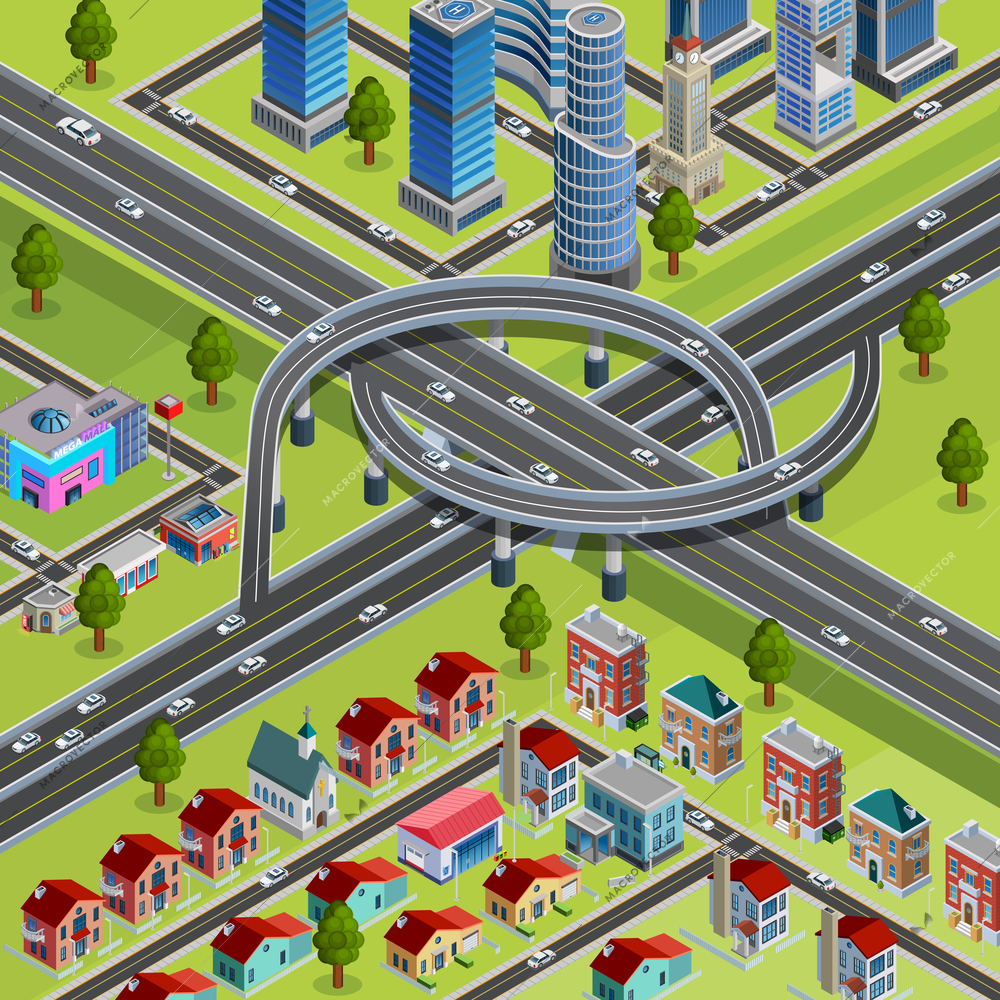 Multilevel roads interchange city infrastructure element connecting business and residential areas isometric constructor poster abstract vector illustration