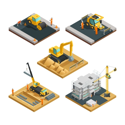 Isometric building and road construction compositions set with transport equipment and workers isolated on white background vector illustration