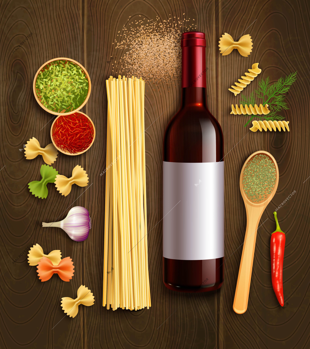 Dry pasta dish ingredients with bottle red wine wooden spoon en chili pepper sauce realistic poster vector illustration