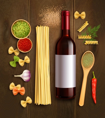 Dry pasta dish ingredients with bottle red wine wooden spoon en chili pepper sauce realistic poster vector illustration