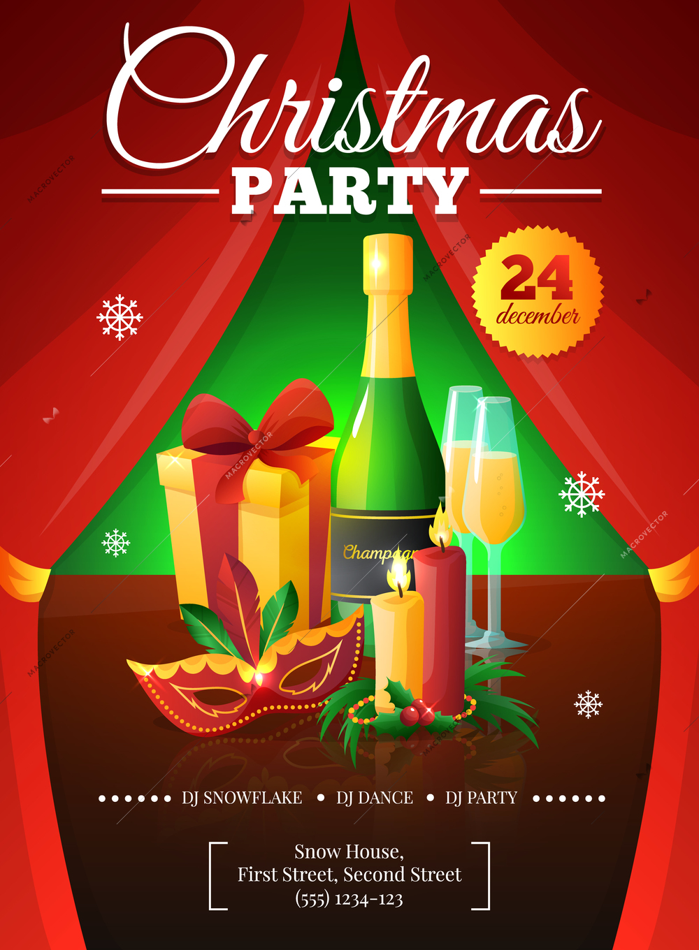 Christmas party invitation poster with red curtains present champagne mask candles and snowflakes flat vector illustration