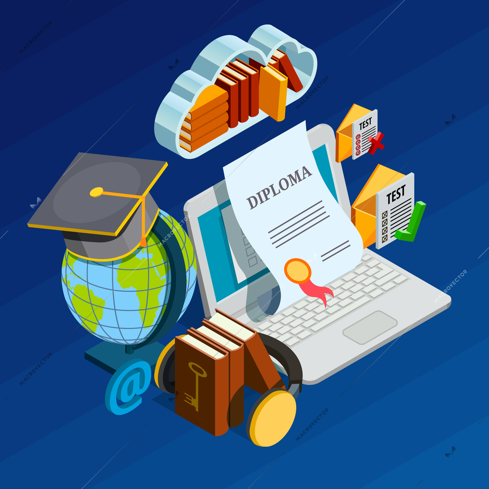 Online learning isometric concept with education symbols on blue background isometric vector illustration