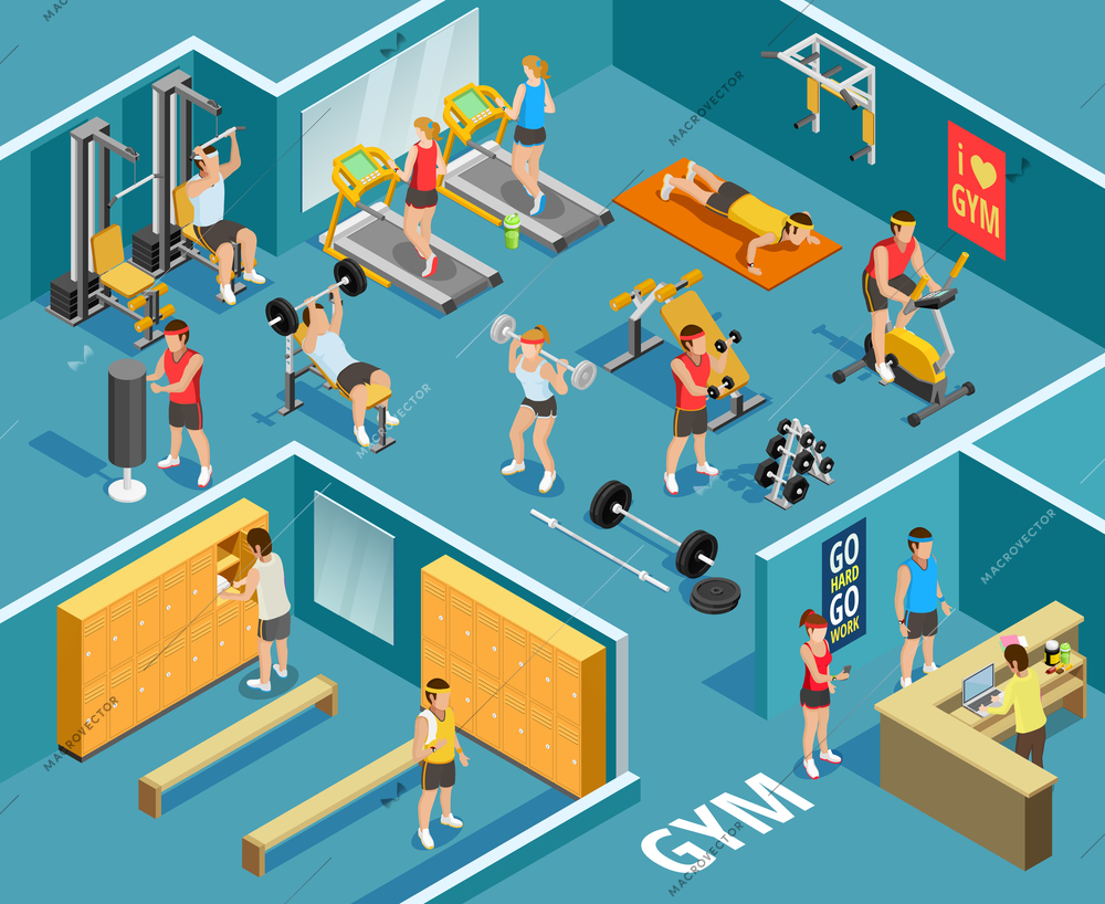 Gym isometric template with people equipment and various types of physical exercises  vector illustration