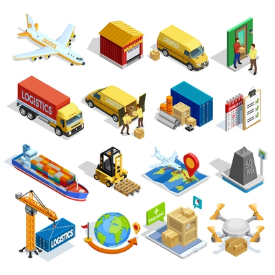 Logistics isometric icons set of different transportation distribution vehicles and delivery elements isolated vector illustration