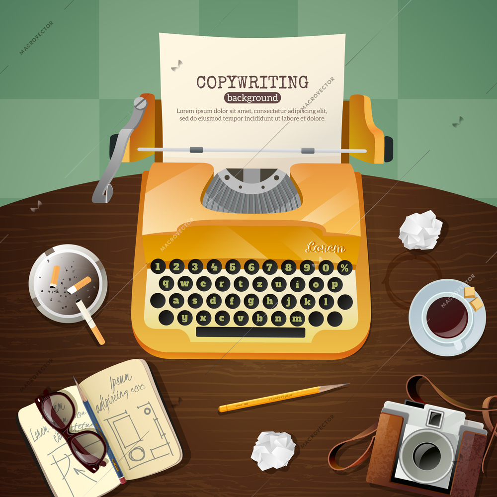 Flat workplace for journalist with vintage typewriter camera and notepad vector illustration