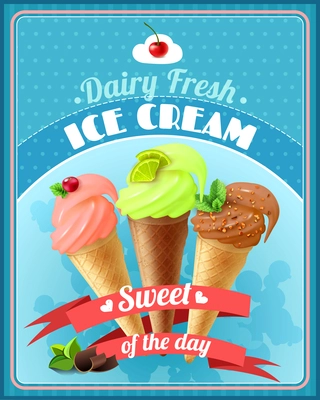 Ice cream poster with cherry pistachio chocolate cones and advertising of fresh dairy products vector illustration