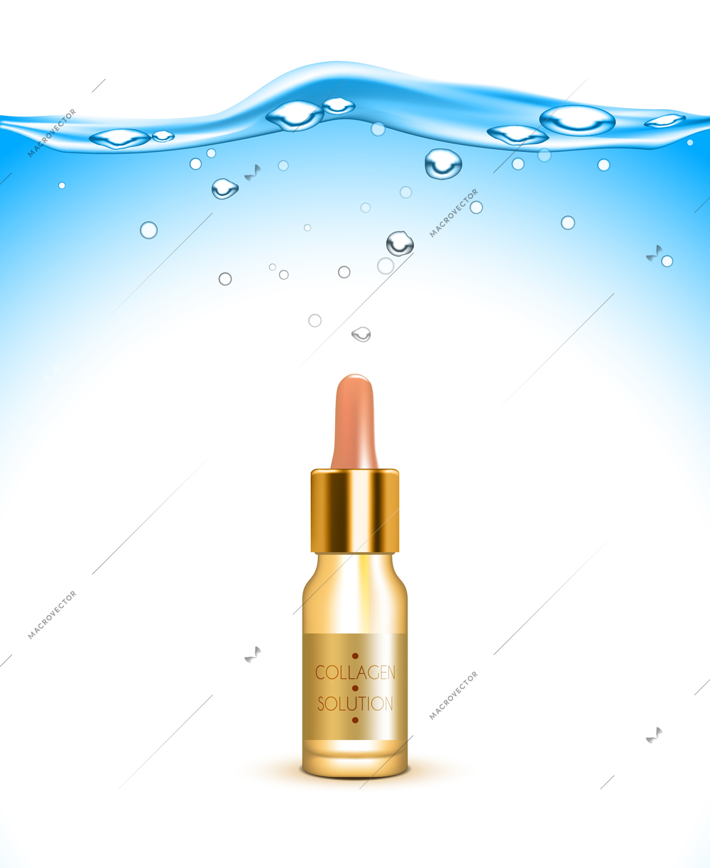 Collagen solution hydrating and moisturizing skin care cosmetic product advertisement with water background poster realistic vector illustration