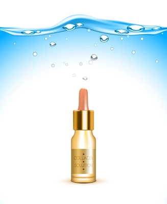 Collagen solution hydrating and moisturizing skin care cosmetic product advertisement with water background poster realistic vector illustration