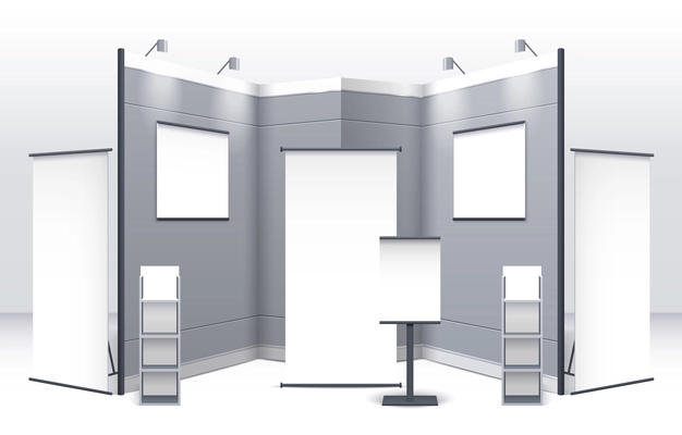 Exhibition stand template with displays shelves signboards and booths in gray colors isolated vector illustration