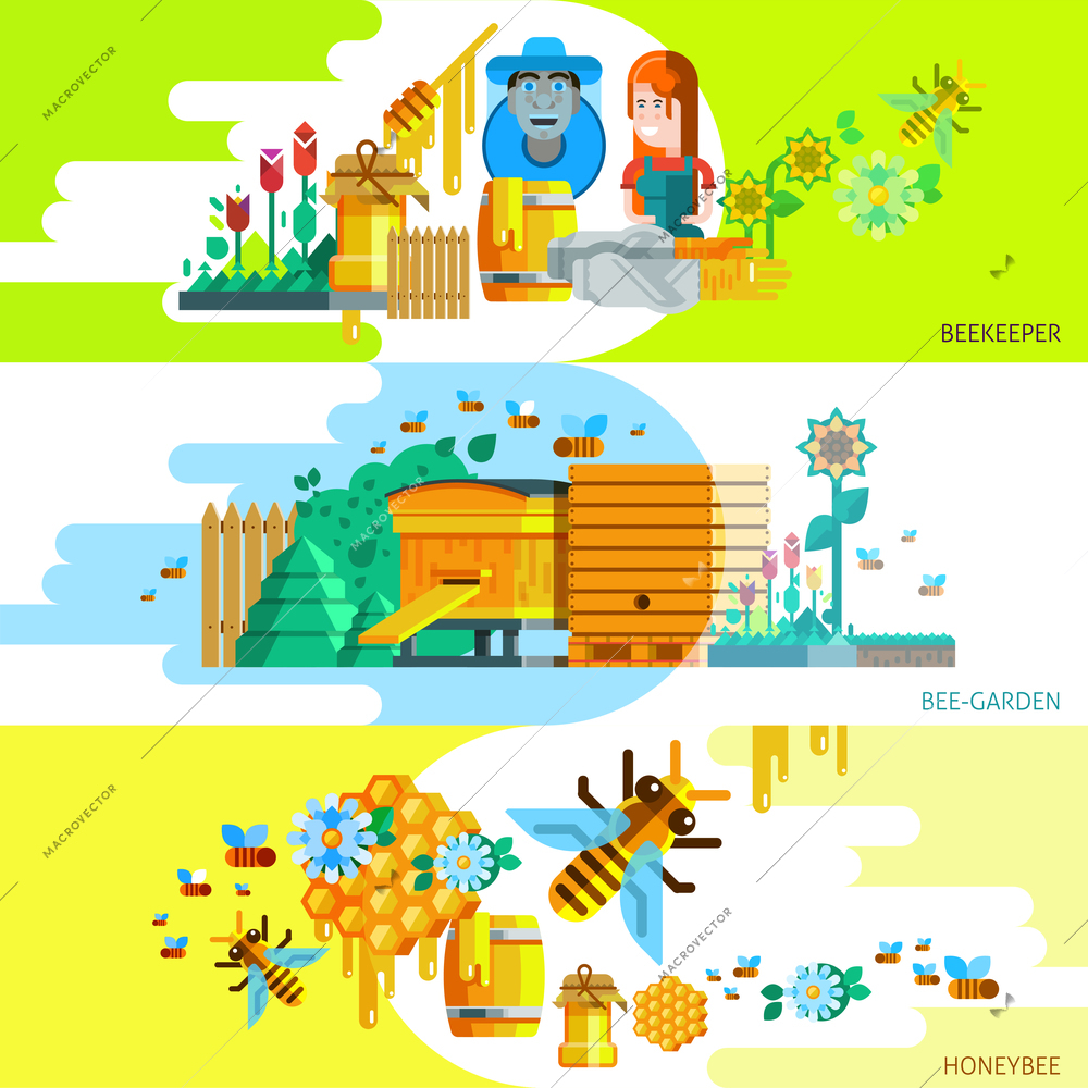 Colorful beekeping horizontal banners with beekeeper garden and honey elements in flat style vector illustration