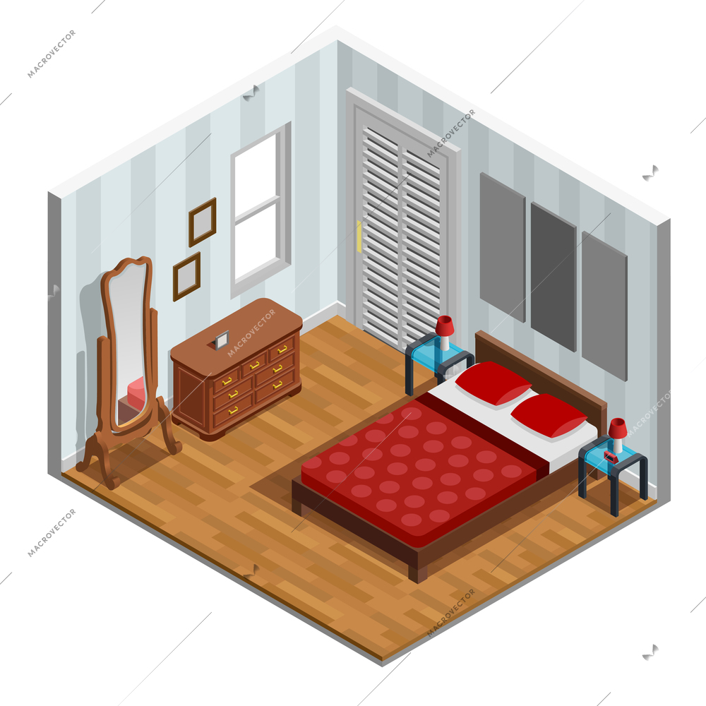 Bedroom isometric design with bed mirror lamp and window vector illustration