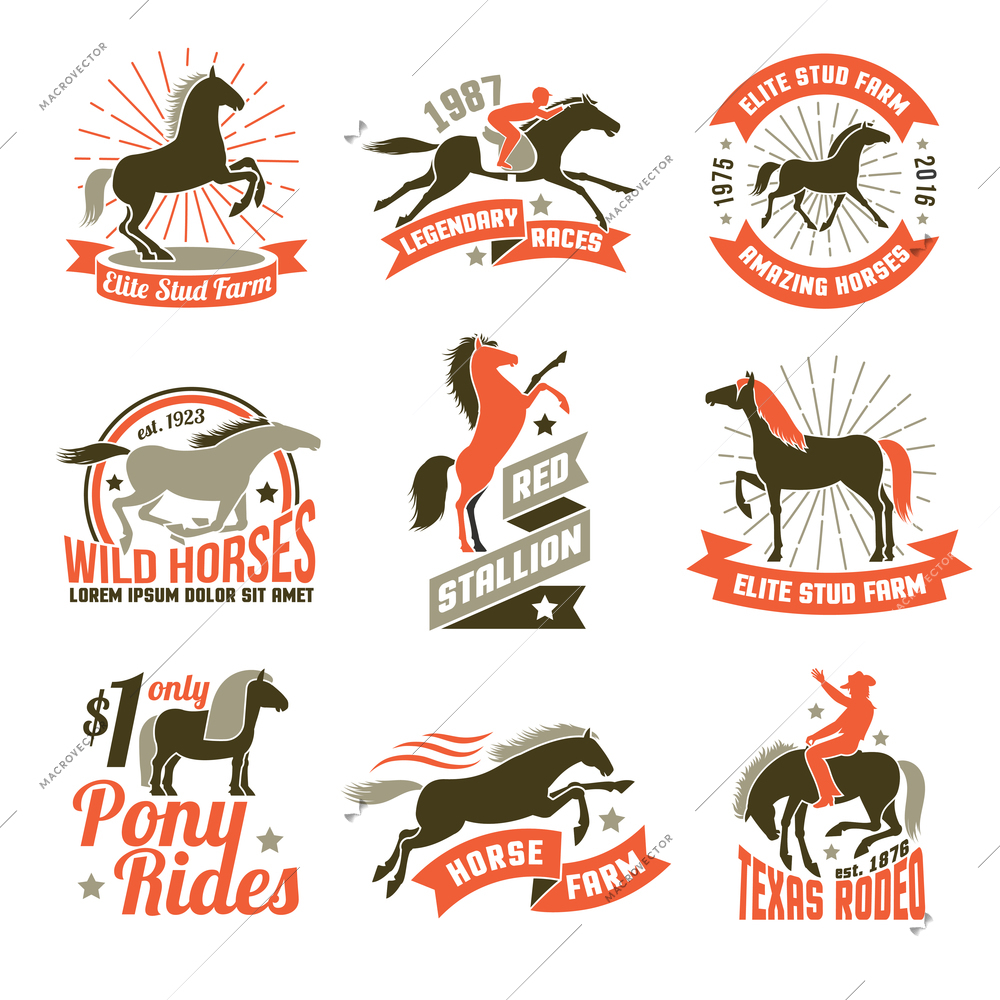 Elite stud farms for horses breeding and jockey clubs historical racing three colored emblems collection isolated vector illustration