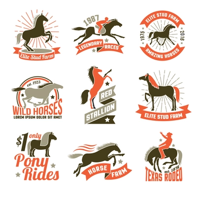 Elite stud farms for horses breeding and jockey clubs historical racing three colored emblems collection isolated vector illustration