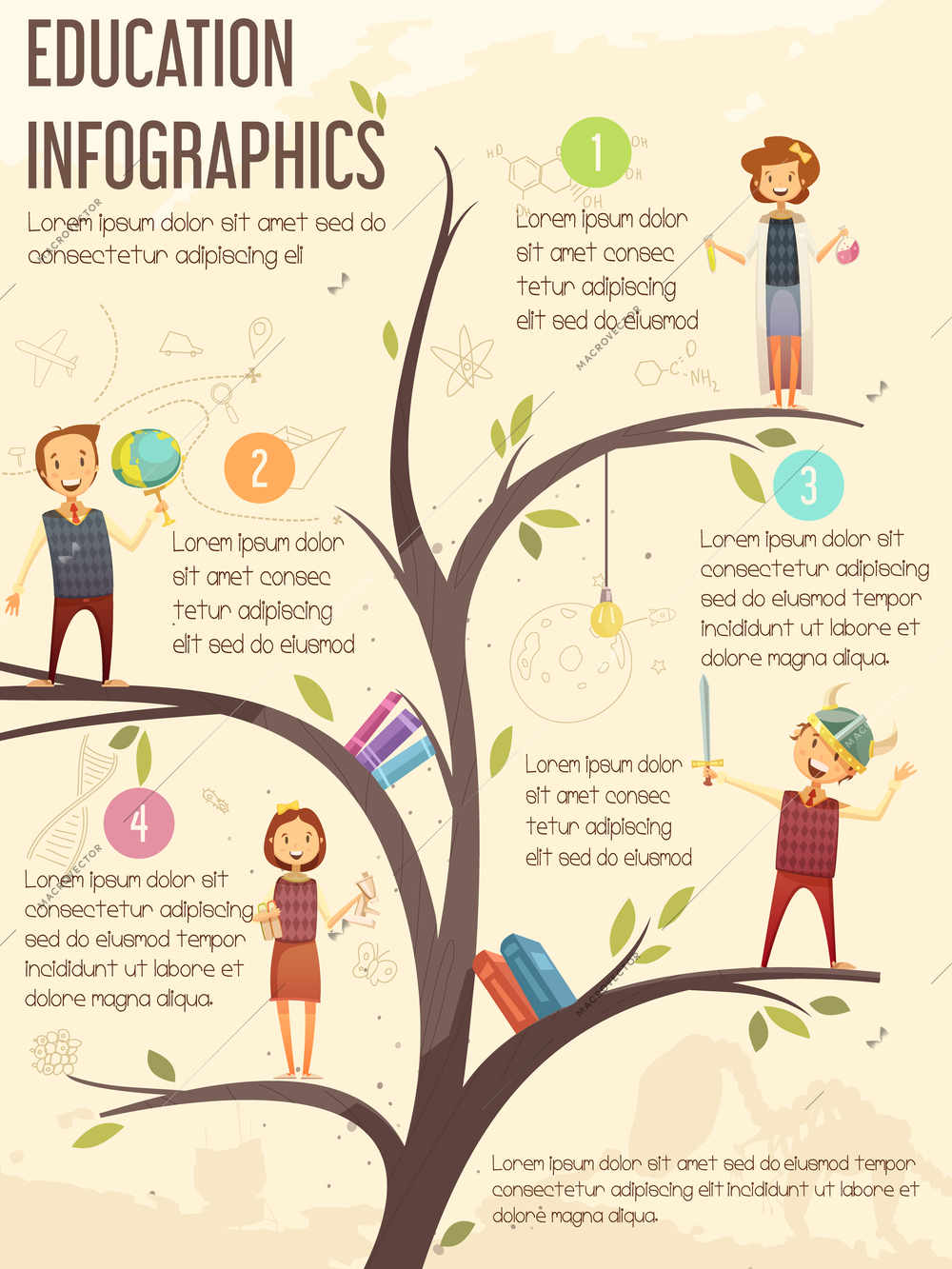 Elementary and middle school education guide cartoon tree diagram infographic poster with text descriptions and symbols vector illustration