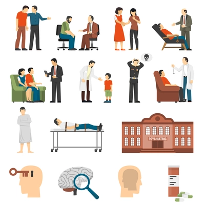 Flat color icons set depicting psychologist counselings for people having family problems and mental disorders isolated vector illustration