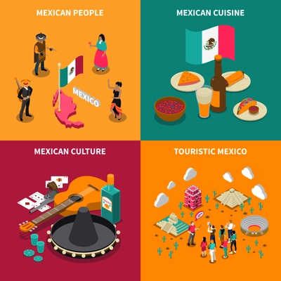 Mexican culture traditions and national spicy cuisine for travelers 4 isometric icons square poster isolated vector illustration