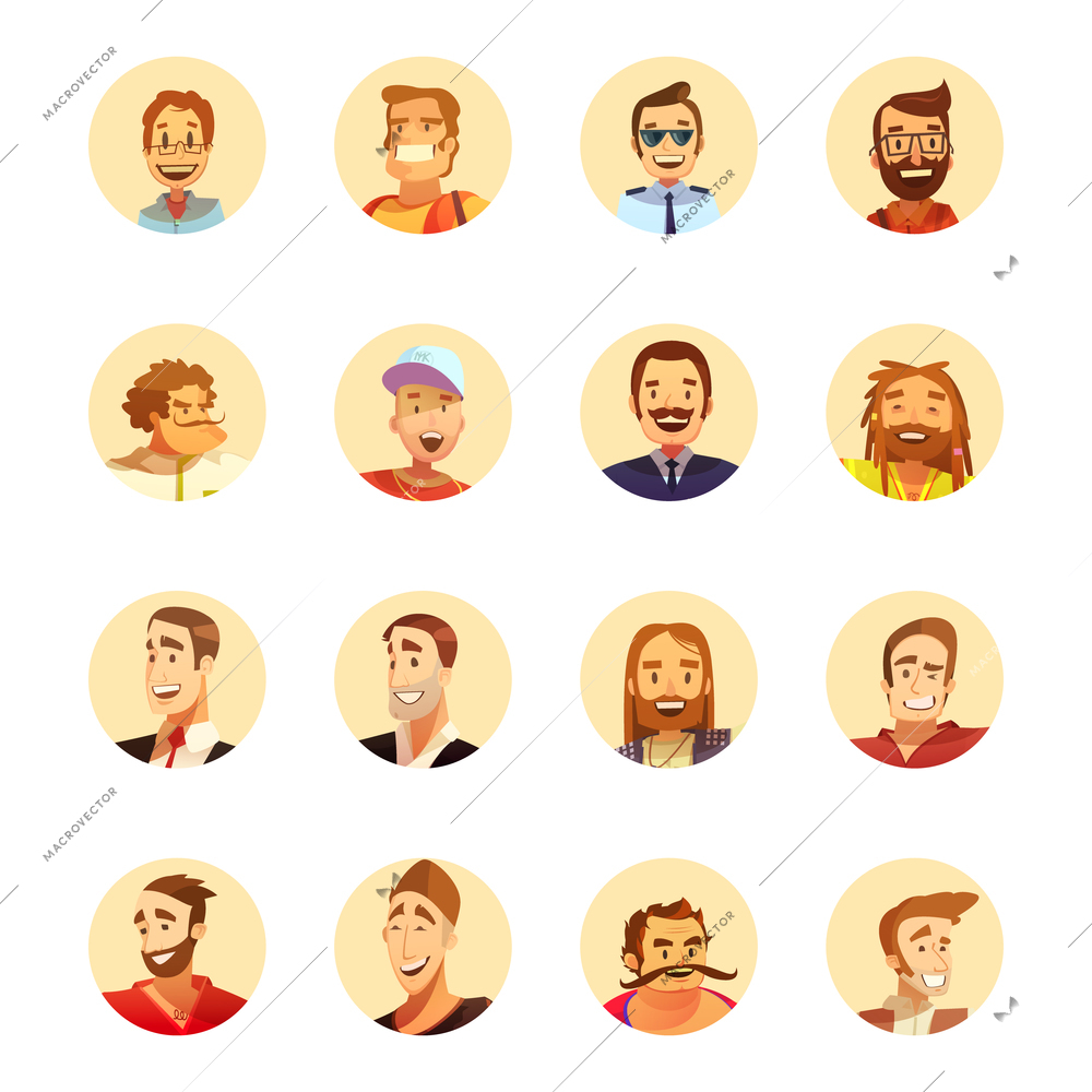 Smiling man with beard round avatar icons collection for hipster artist and businessman cartoon style isolated vector illustrations