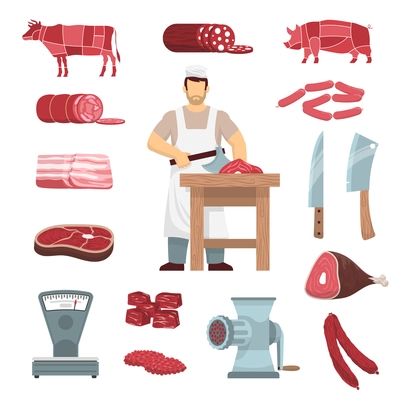 Flat colored icons set of meat products butchers guide images vintage grinder and scales isolated vector illustration