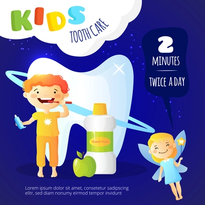 Kids dental care poster with mouth wash and tooth fairy symbols flat vector illustration